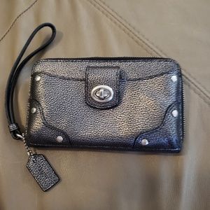 Coach Silver Metallic Pebbled Leather Zip Wallet